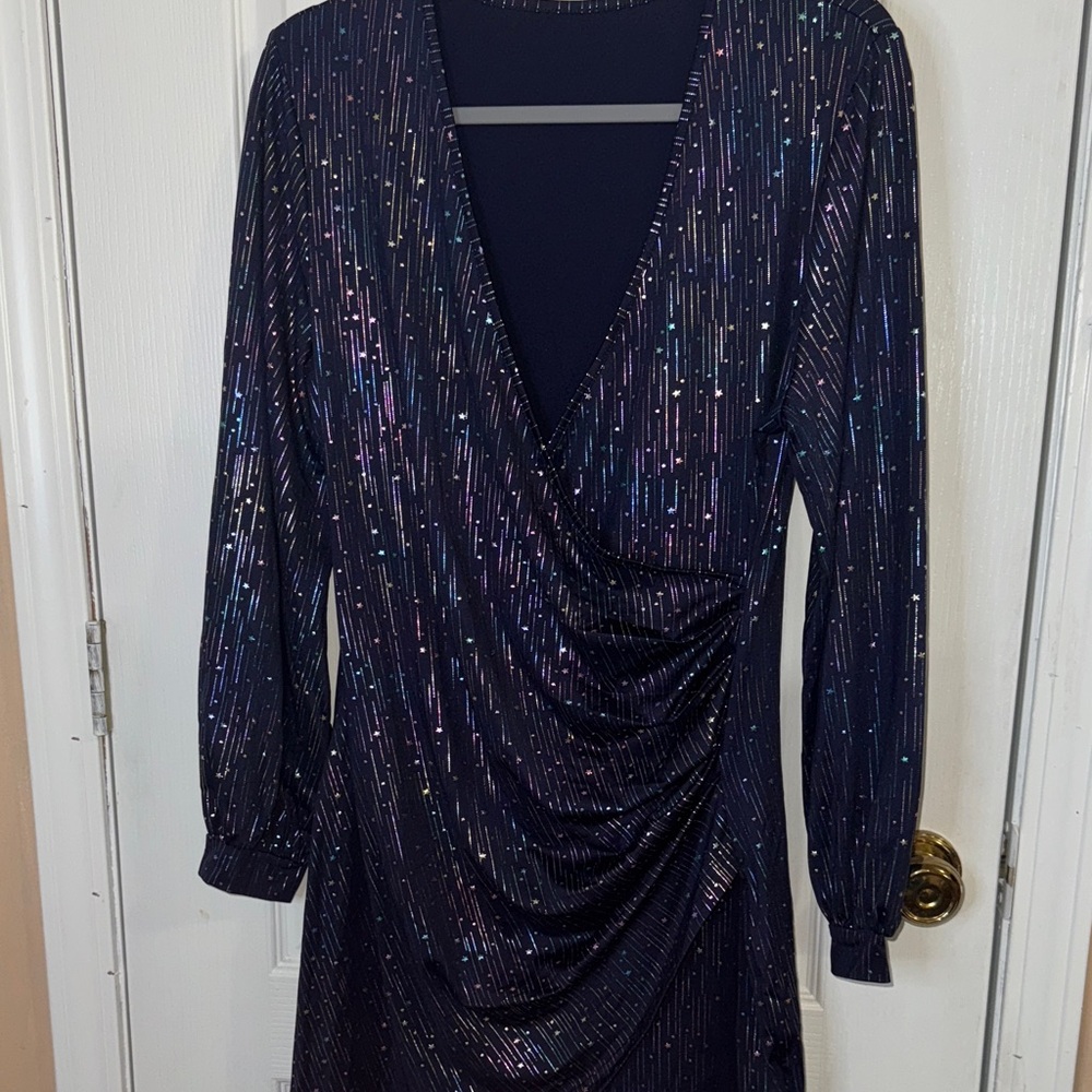 Elegant Navy Draped Dress with Colorful Shimmery Stripes